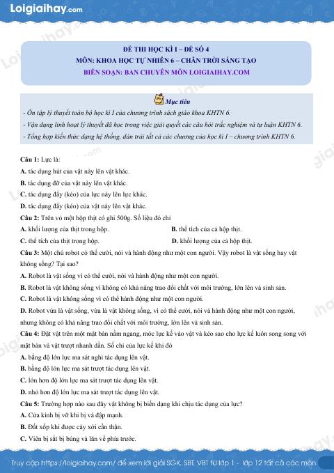 Đề thi học kì 1 KHTN 6 - Chân trời sáng tạo - Đề số 4